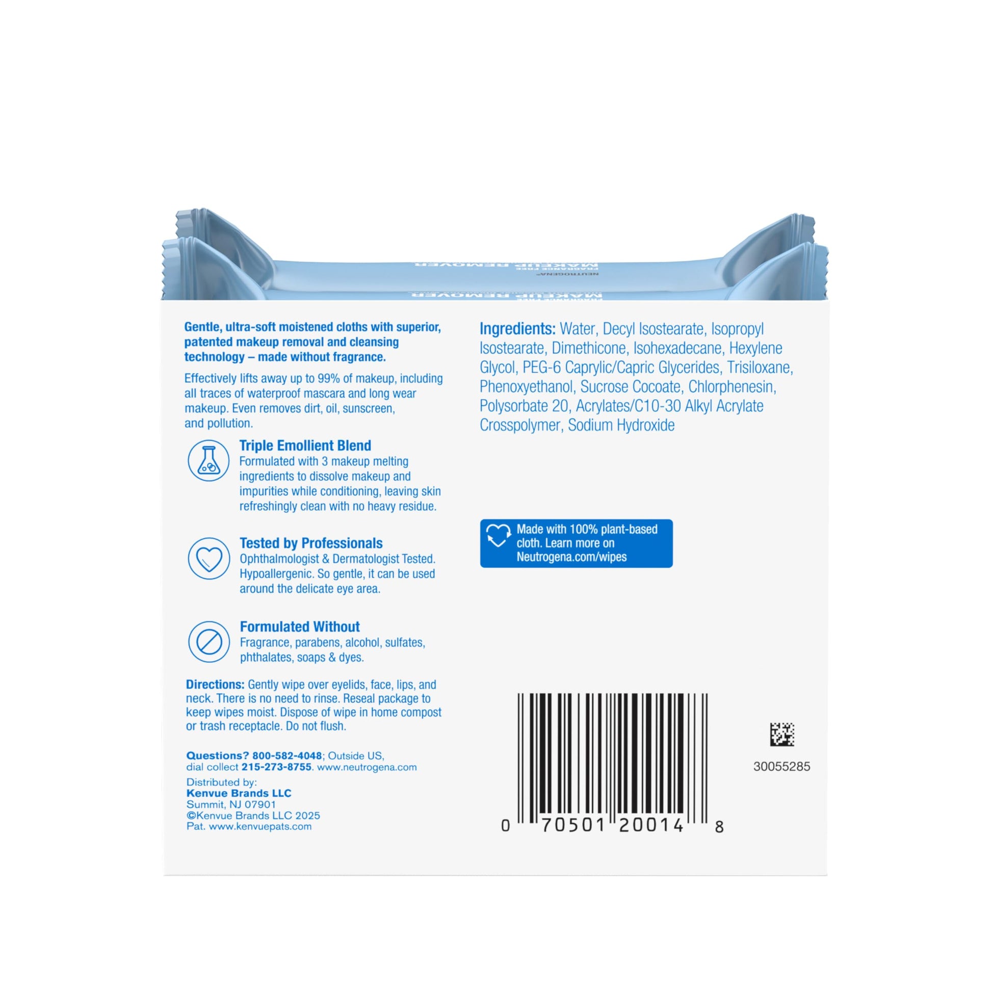 Side angle of Neutrogena USA-imported alcohol-free face wipes twin pack