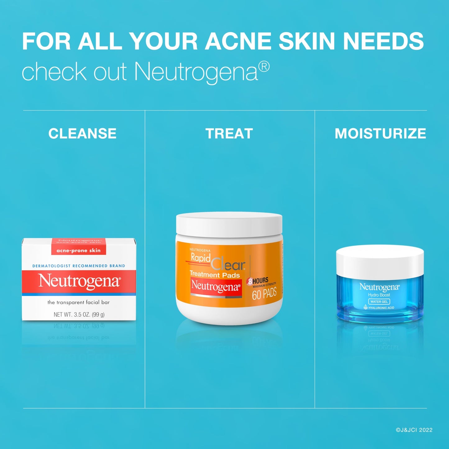 Neutrogena facial cleansing soap for acne-prone skin highlighting its dye-free formulation.