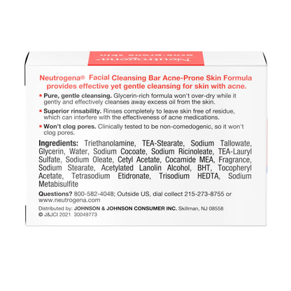 Side view of the Neutrogena 3.5 ounce clear skin formula facial bar package.