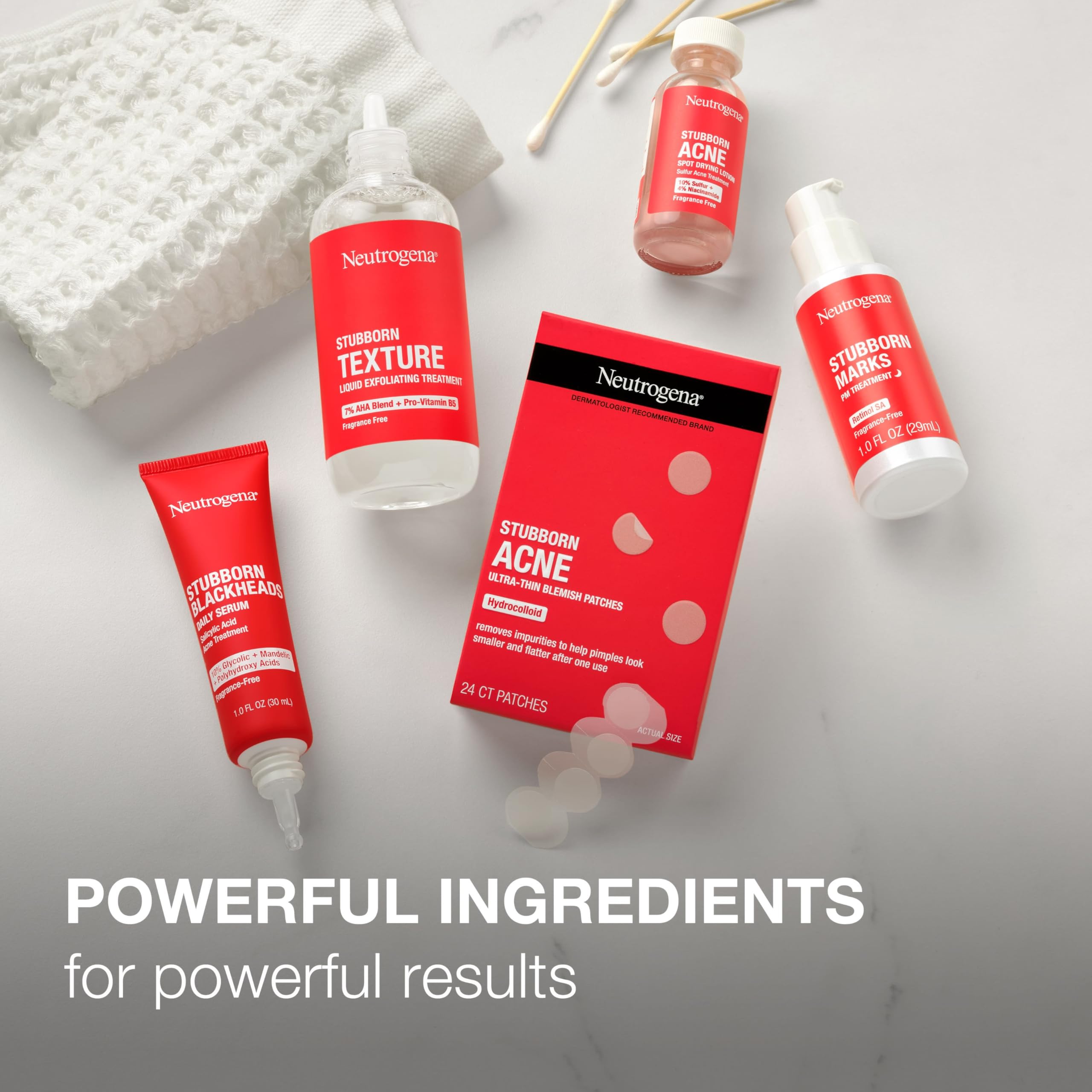Neutrogena daily facial treatment for stubborn acne showing the paraben free and fragrance free certifications on the outer box.