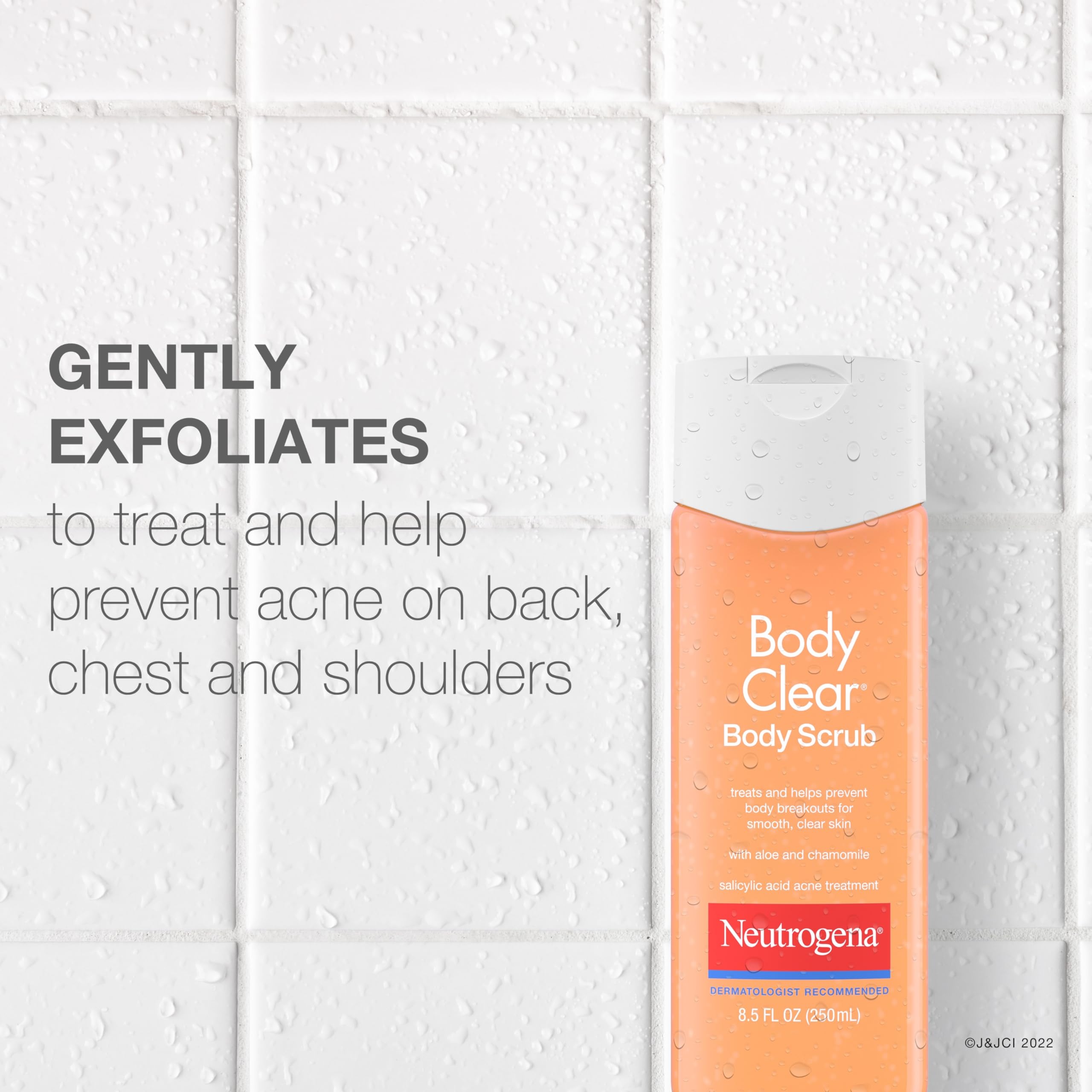 Neutrogena exfoliating body wash bottle highlighting back, chest, and shoulder acne treatment use.