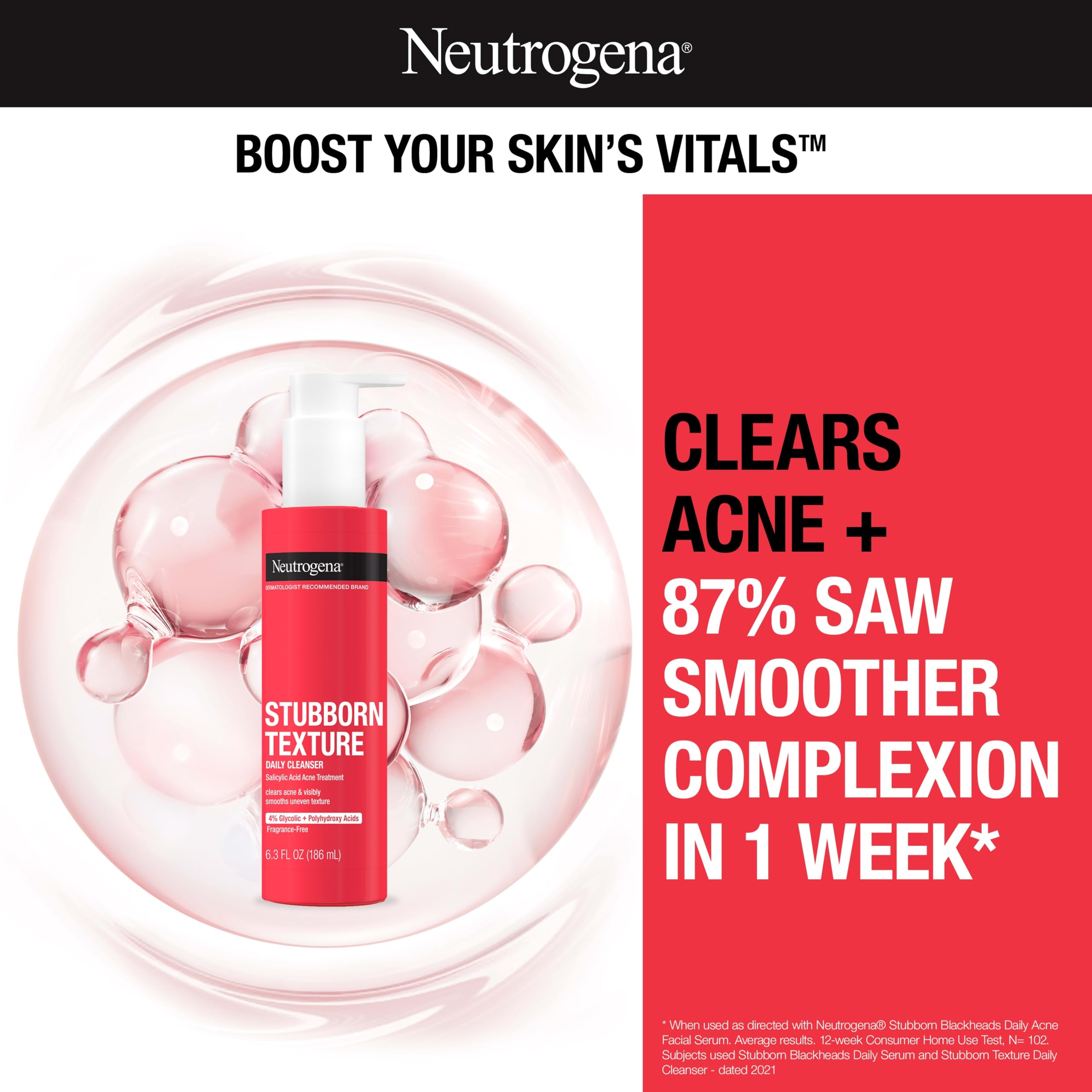 Neutrogena Stubborn Texture acne face wash packaging side view