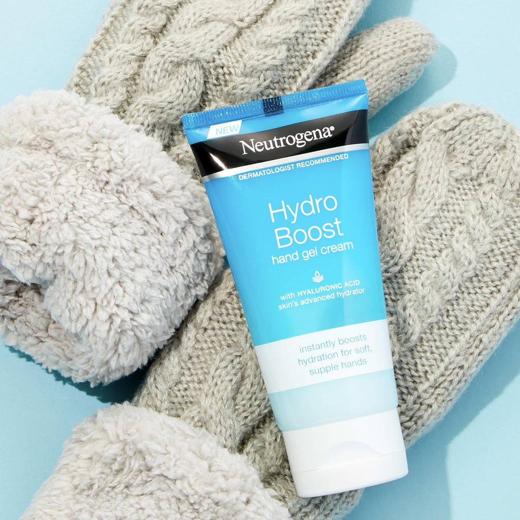 Back of the blue Neutrogena Hydro Boost hand moisturizer tube showing the official ingredient list and usage directions.