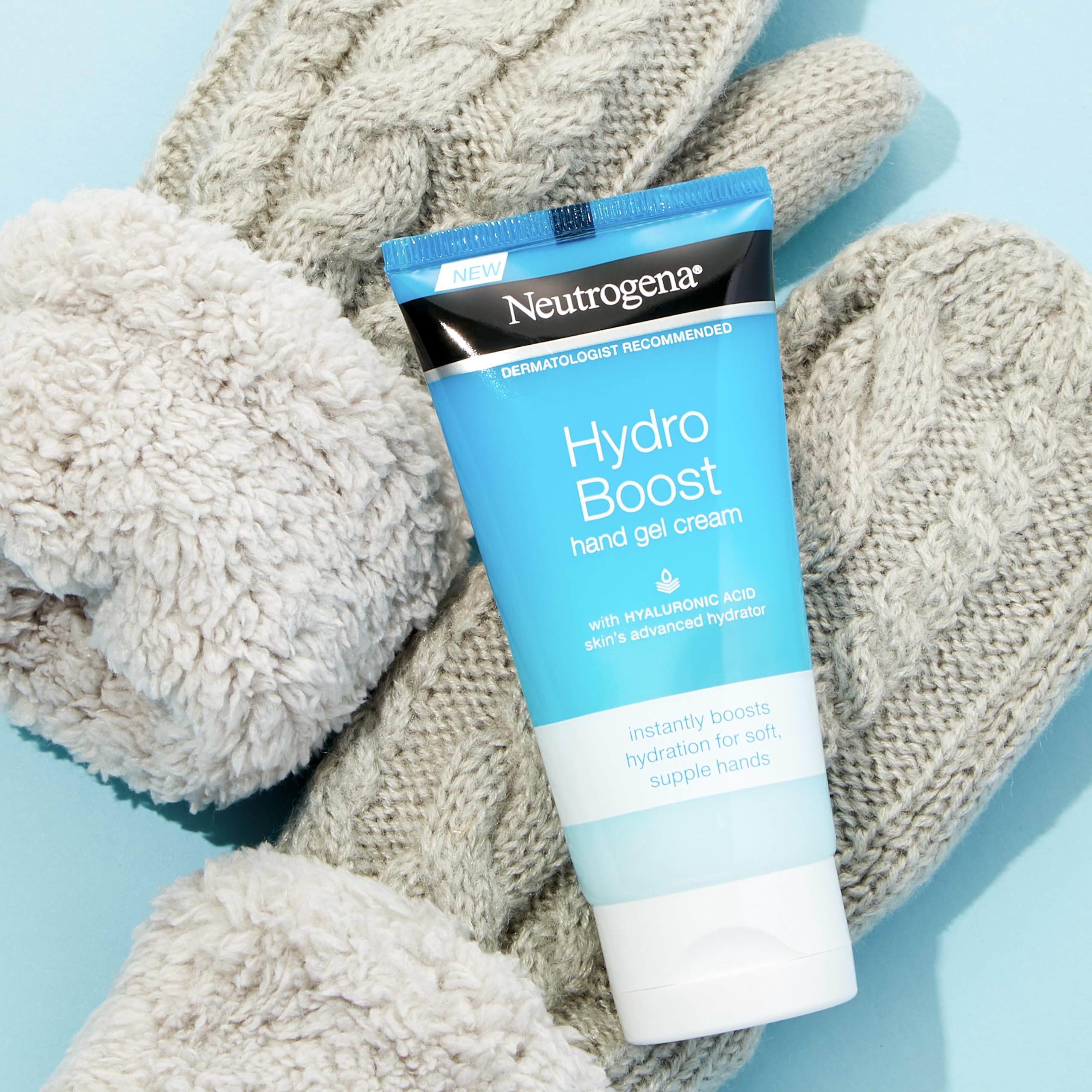 Back of the blue Neutrogena Hydro Boost hand moisturizer tube showing the official ingredient list and usage directions.