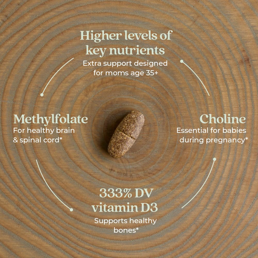 Close up of New Chapter vegetarian prenatal tablets texture and shape.