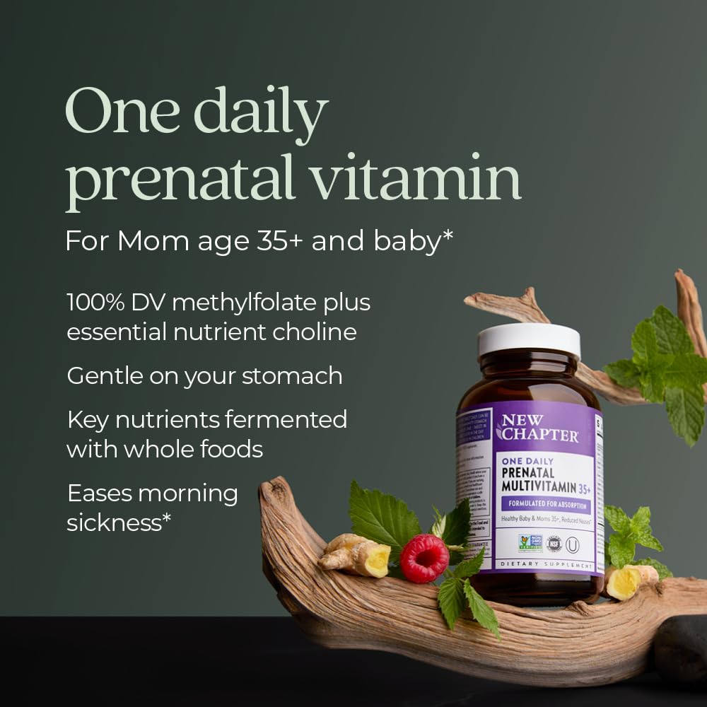 New Chapter 35 plus prenatal bottle displayed next to its outer product box.