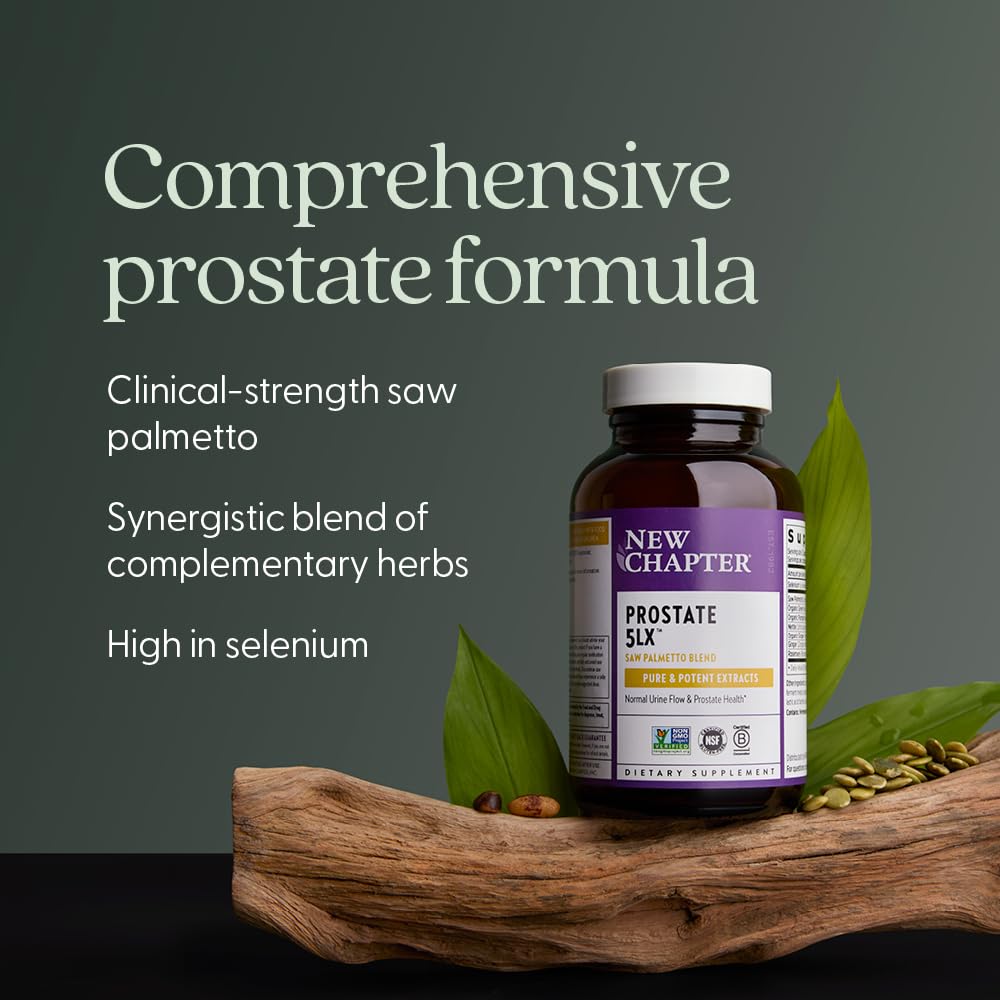 Supplement facts label on the back of the New Chapter Prostate 5LX 180 capsules bottle detailing herbal blend extracts.