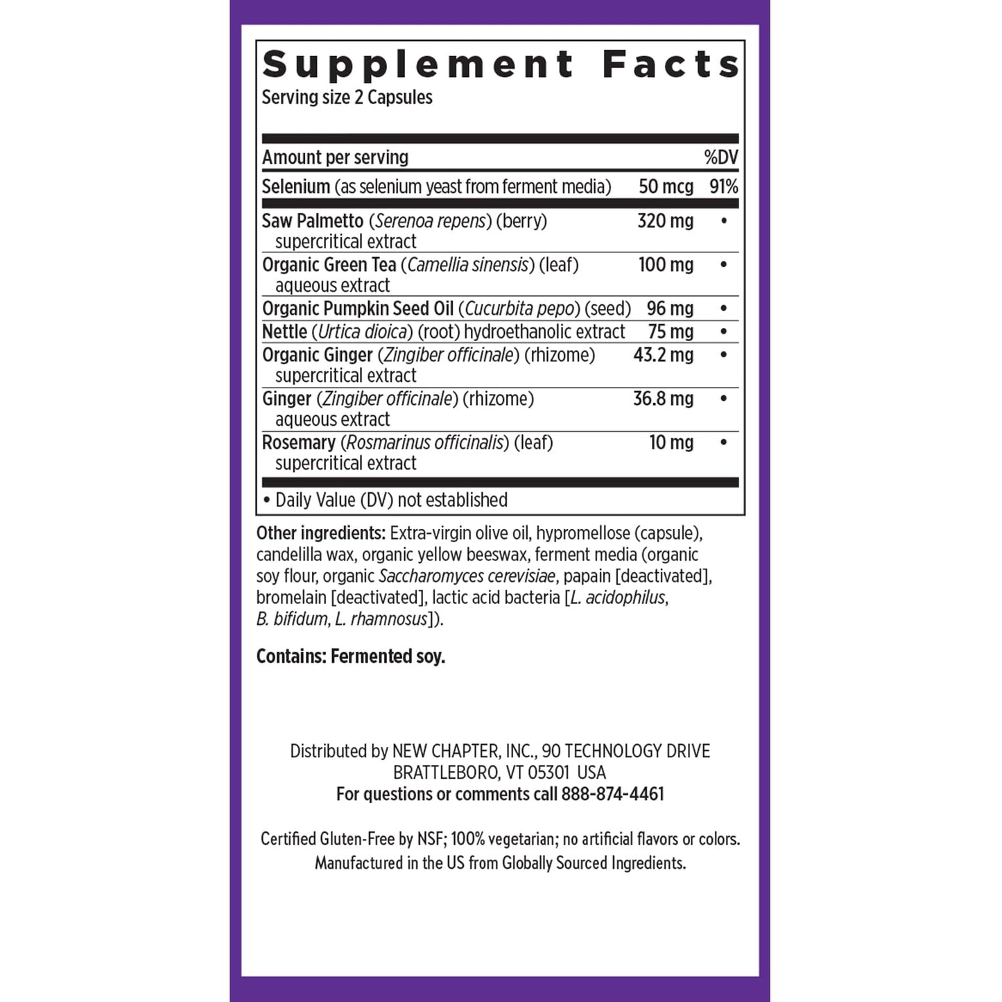 New Chapter Prostate 5LX saw palmetto and whole food fermented selenium capsules nutritional facts panel overview.