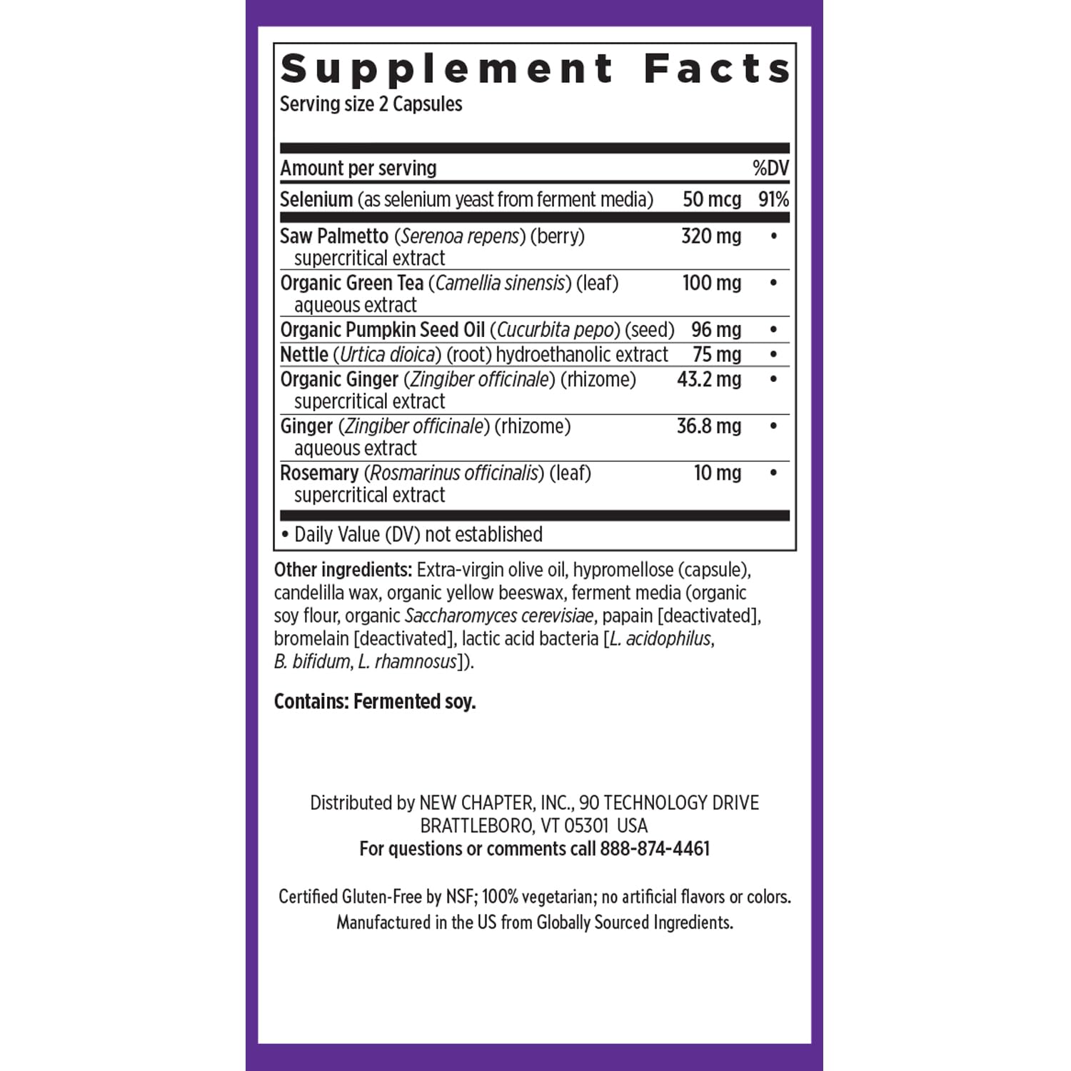 New Chapter Prostate 5LX saw palmetto and whole food fermented selenium capsules nutritional facts panel overview.