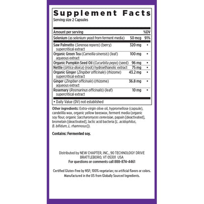 New Chapter Prostate 5LX saw palmetto and whole food fermented selenium capsules nutritional facts panel overview.