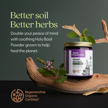 Holy Basil supplement jar with Regenerative Organic seal