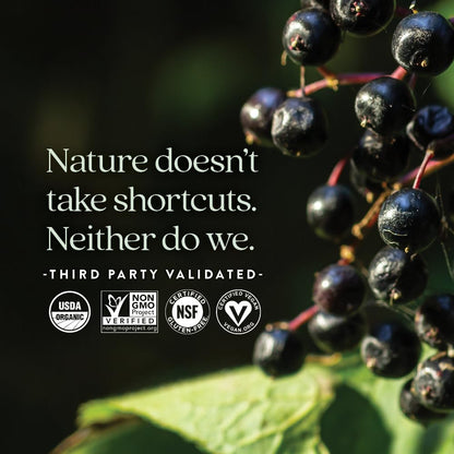 Gelatin free black elderberry extract gummies made with real fruit juice.