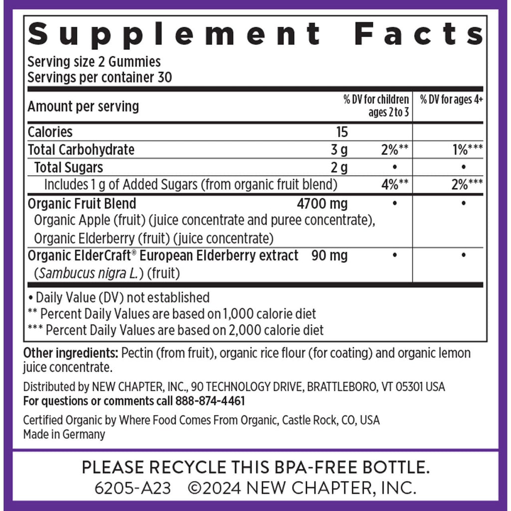 Authentic USA imported New Chapter elderberry gummies sixty count packaging.