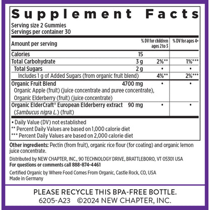 Authentic USA imported New Chapter elderberry gummies sixty count packaging.