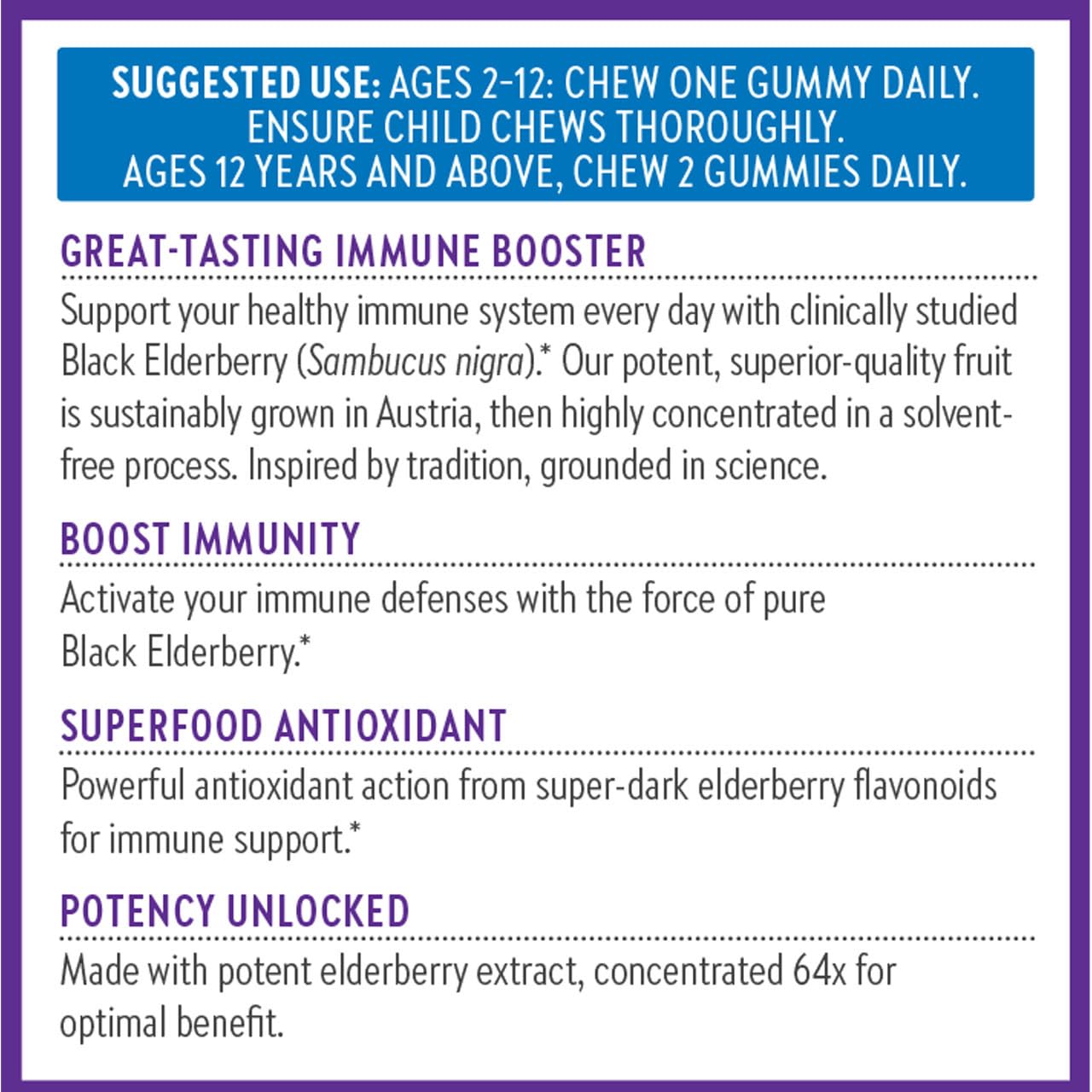 Antioxidant rich European black elderberry chewable supplements for children and adults.