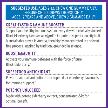 Antioxidant rich European black elderberry chewable supplements for children and adults.