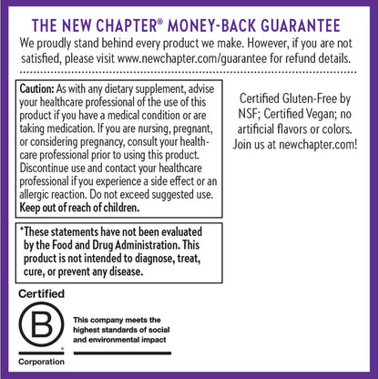 Premium New Chapter whole food elderberry dietary supplement bottle overview.