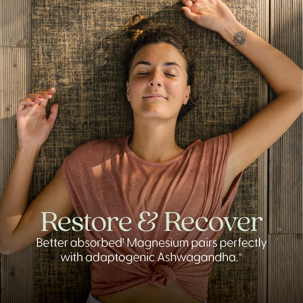 New Chapter highly absorbable magnesium bisglycinate with organic ashwagandha label details showing supplement facts.