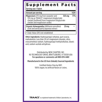 Back panel of New Chapter magnesium and ashwagandha bottle with clear ingredient lists and directions for use.