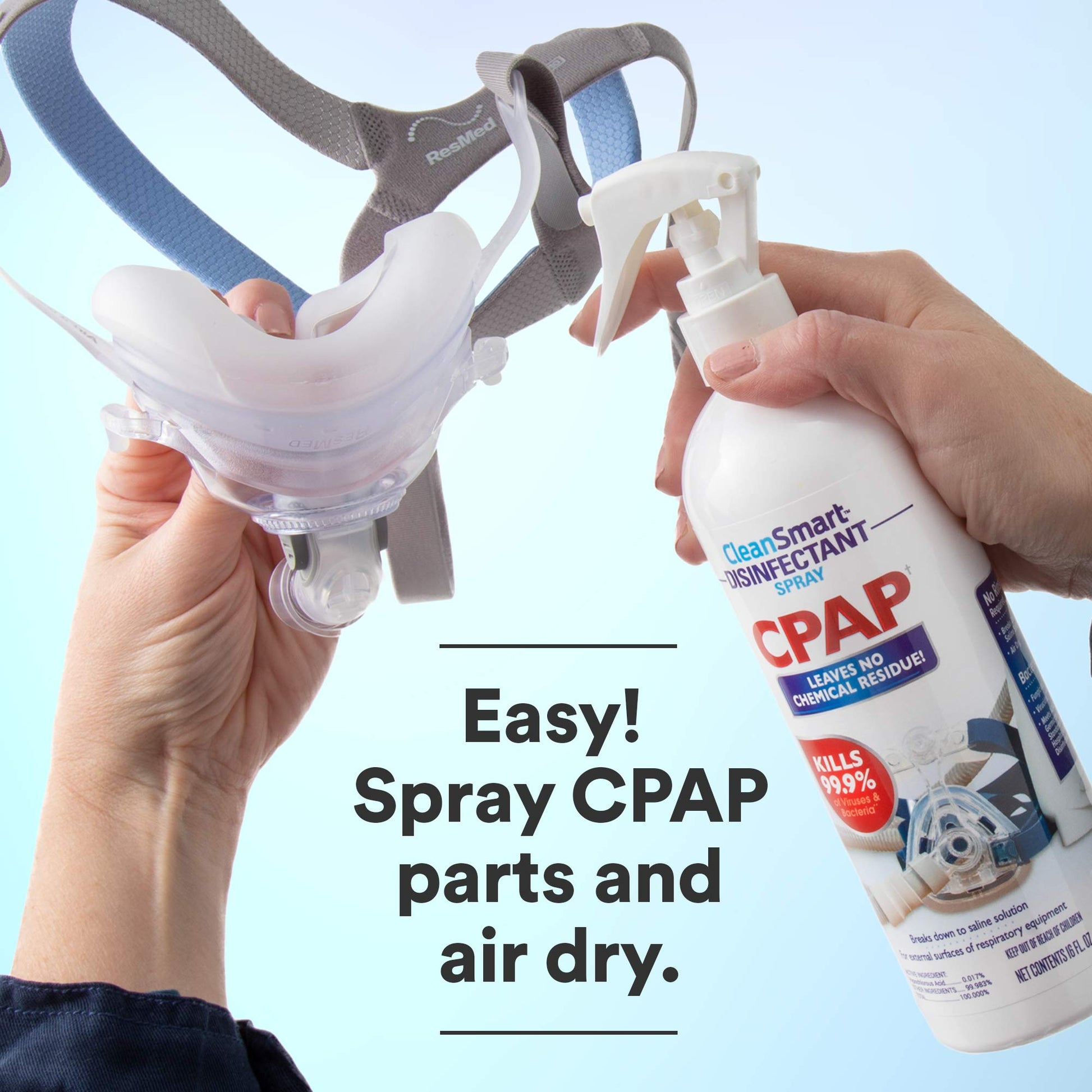 Back label of CleanSmart CPAP Disinfectant Spray detailing ingredients and usage