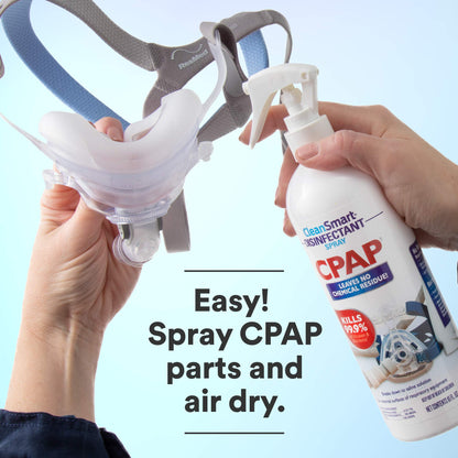 Back label of CleanSmart CPAP Disinfectant Spray detailing ingredients and usage