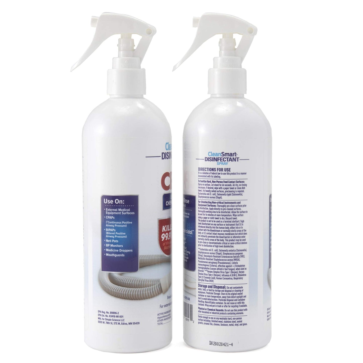 CleanSmart CPAP Disinfectant Spray pack of two bottles on a clean surface