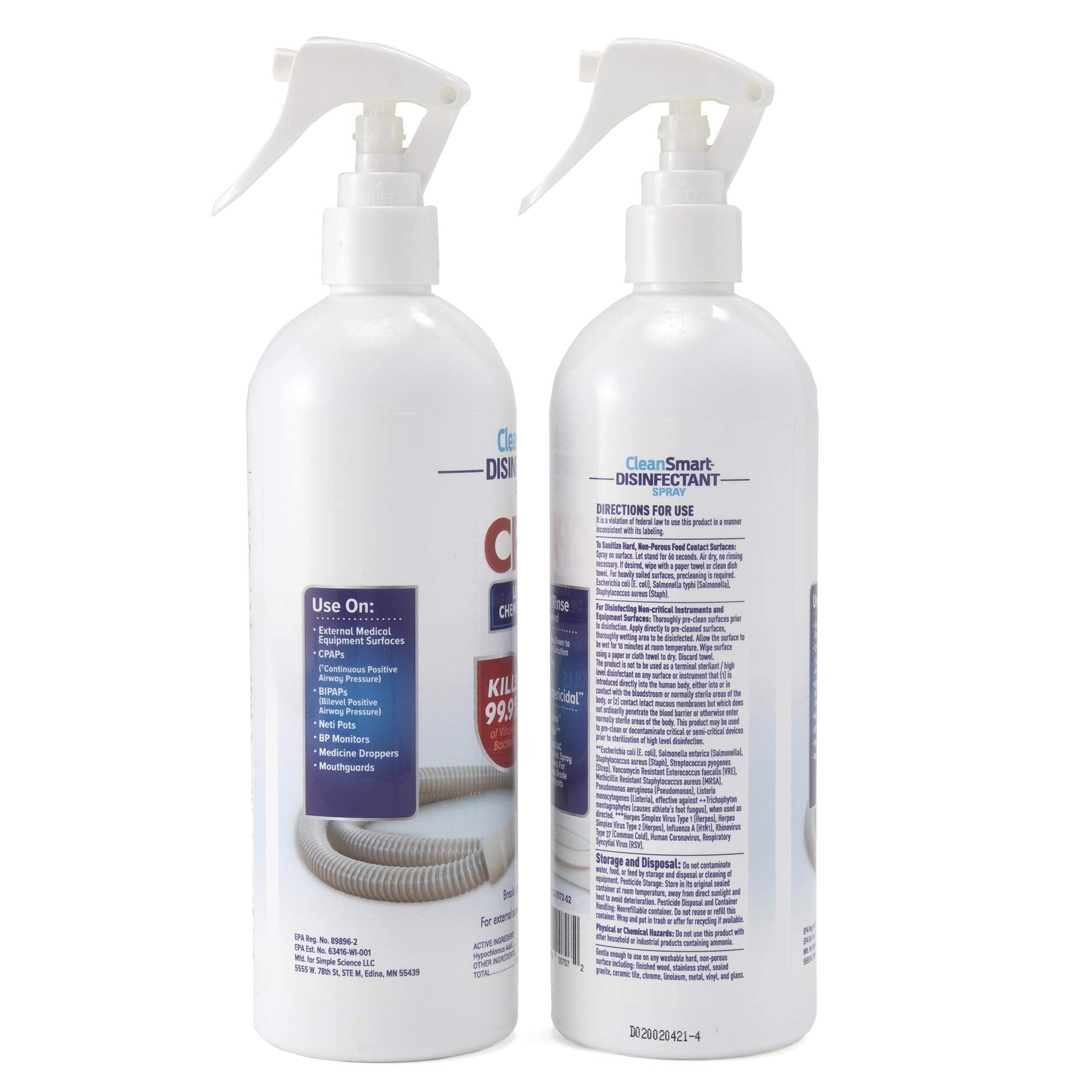 CleanSmart CPAP Disinfectant Spray pack of two bottles on a clean surface
