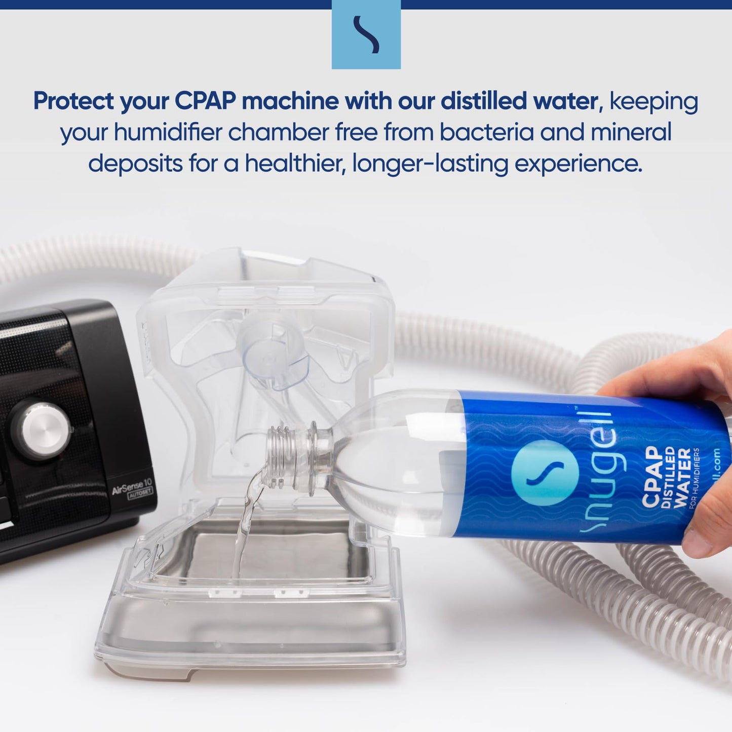 Side view of Snugell CPAP distilled water bottle showing label details