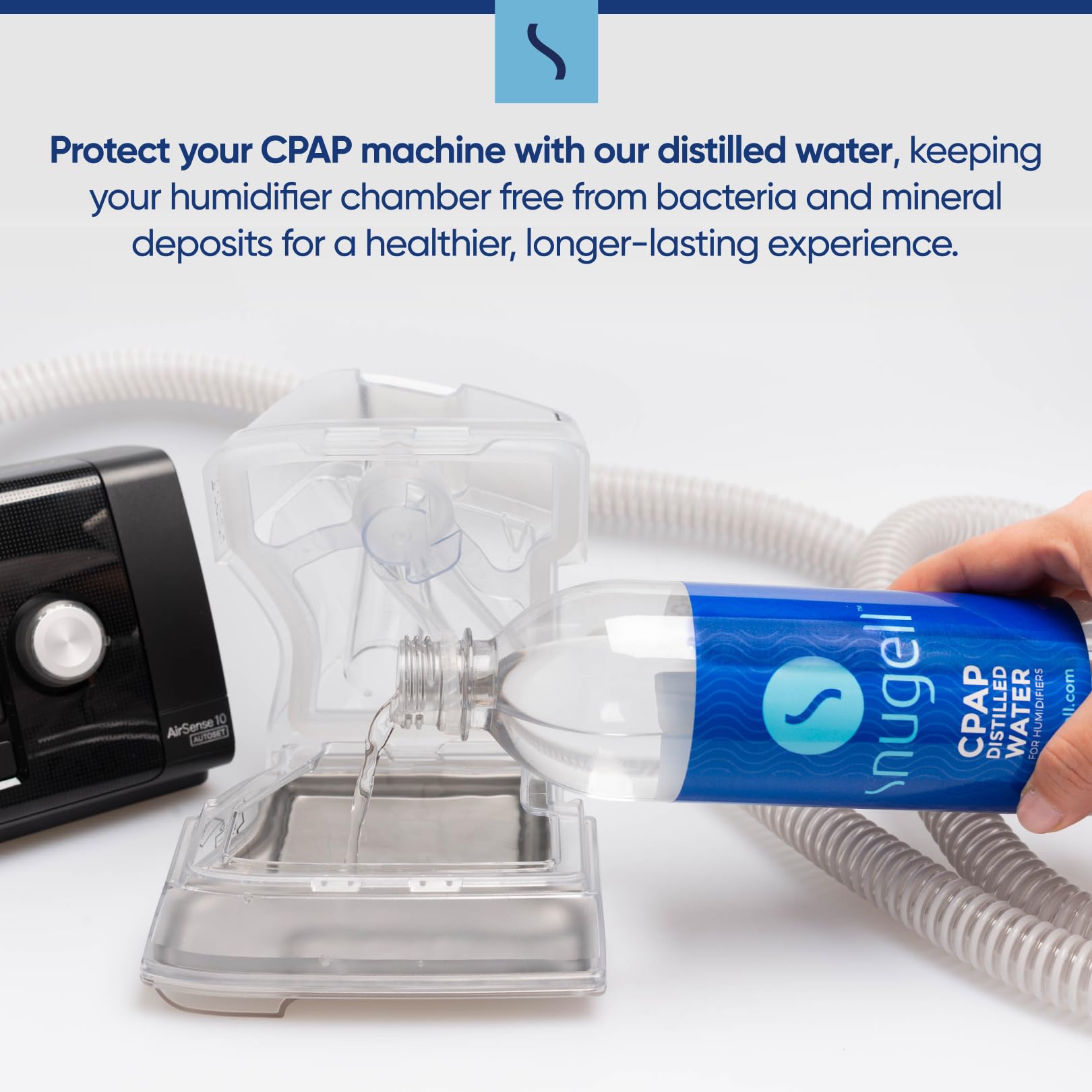 Side view of Snugell CPAP distilled water bottle showing label details