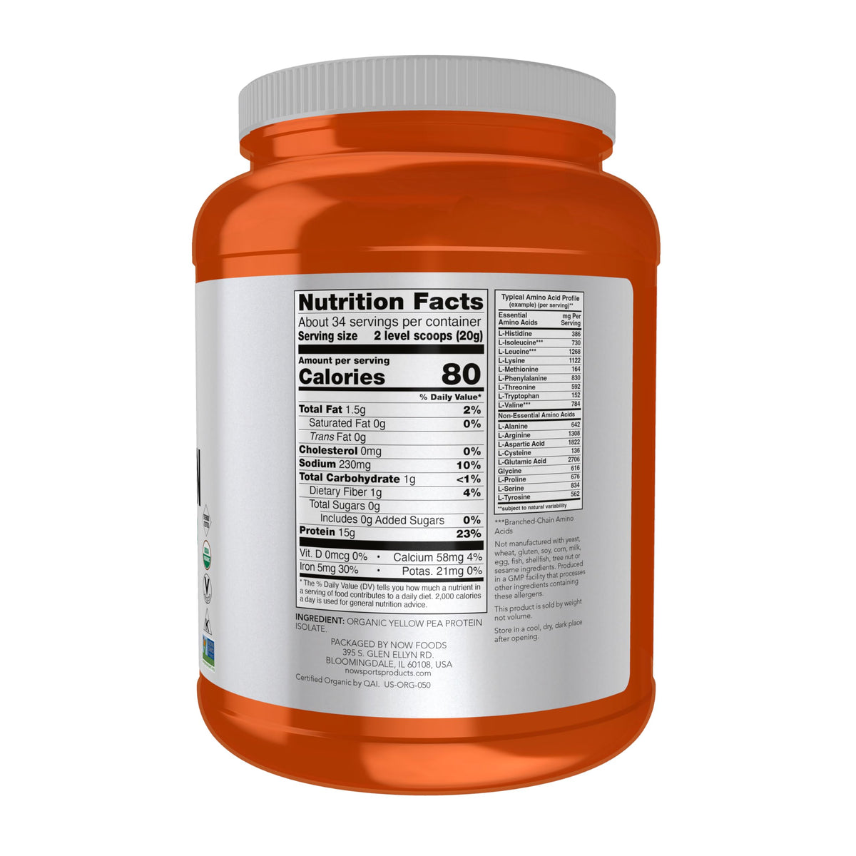 Now Foods Organic Pea Protein powder tub displaying clean supplement facts and non-GMO seal