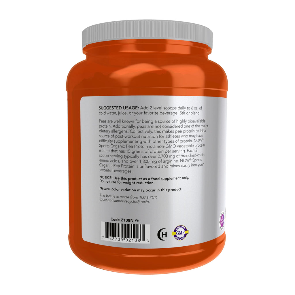 Back packaging label of Now Foods sports nutrition pea protein isolate detailing organic ingredients