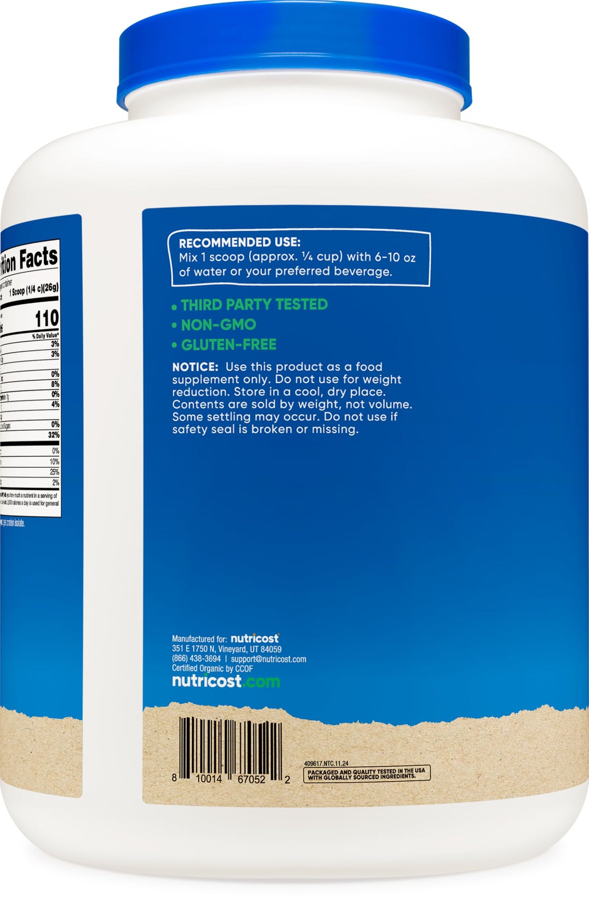 Nutricost plant based protein powder container size comparison