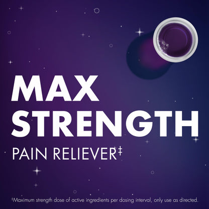 Close up of ZzzQuil Night Pain bottle label and Midnight Berry branding