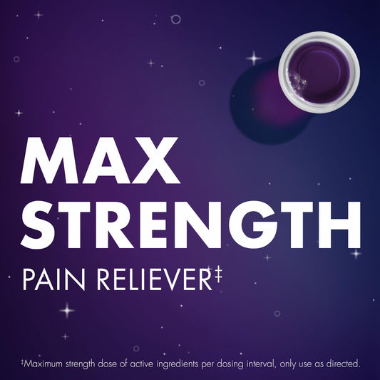 Close up of ZzzQuil Night Pain bottle label and Midnight Berry branding