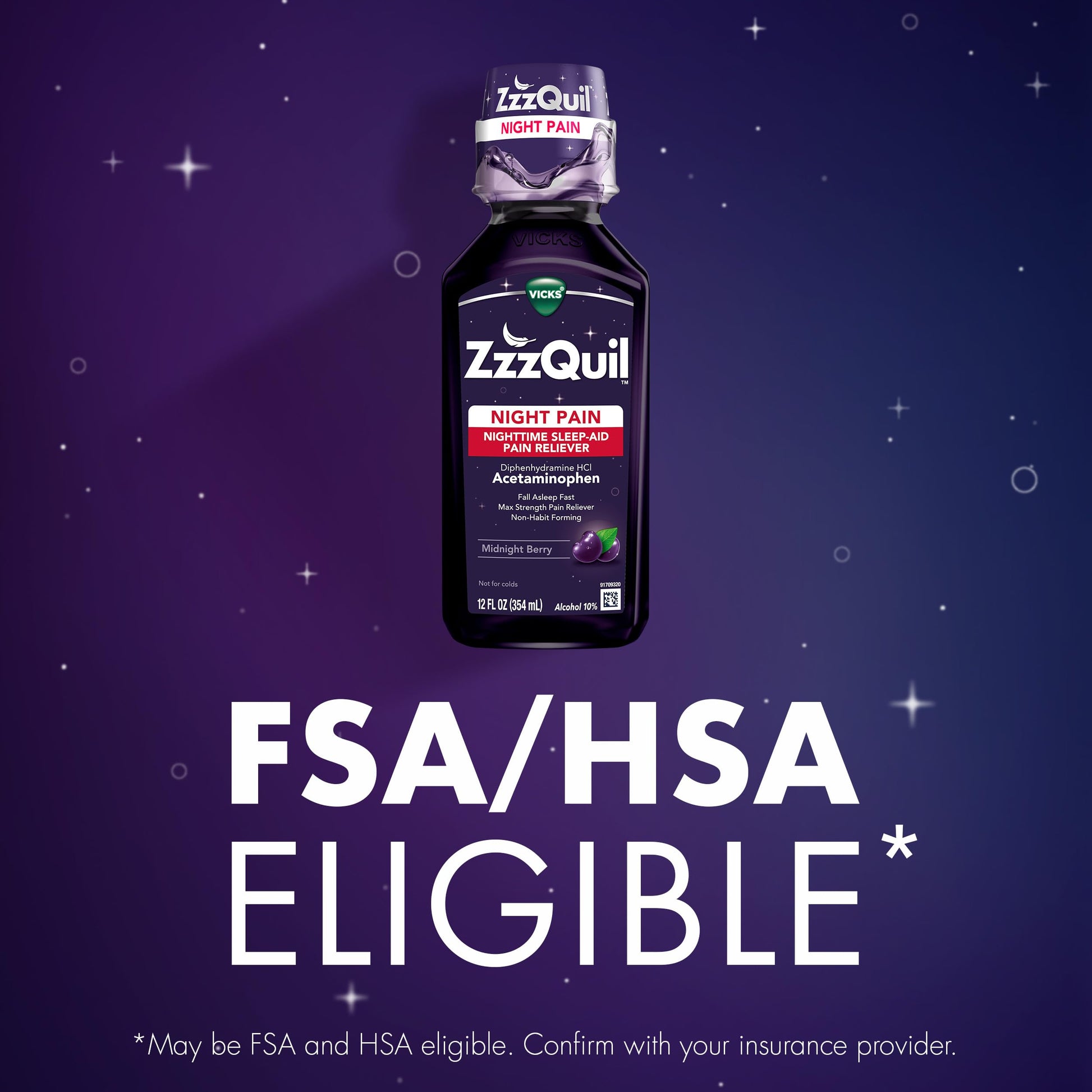 Vicks ZzzQuil Night Pain product layout on a clean background