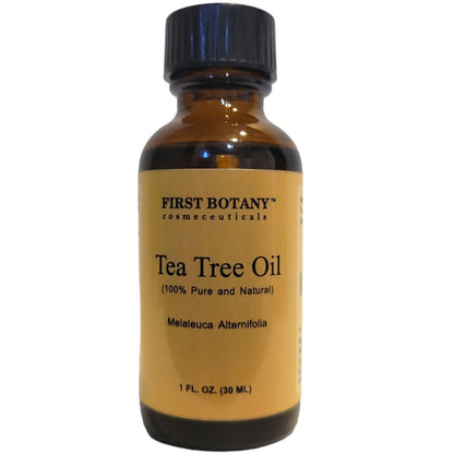 Authentic imported First Botany 1 Fluid Ounce tea tree oil bottle standing upright on a clean backdrop
