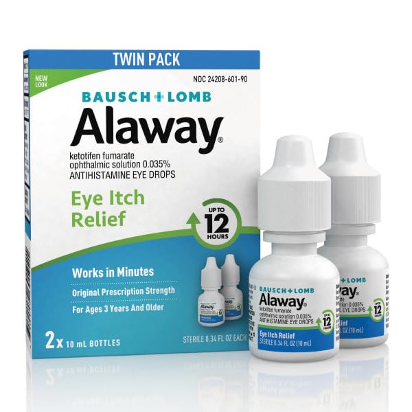 Alaway Antihistamine Eye Drops two ten milliliter bottles standing upright showing active ingredient details.
