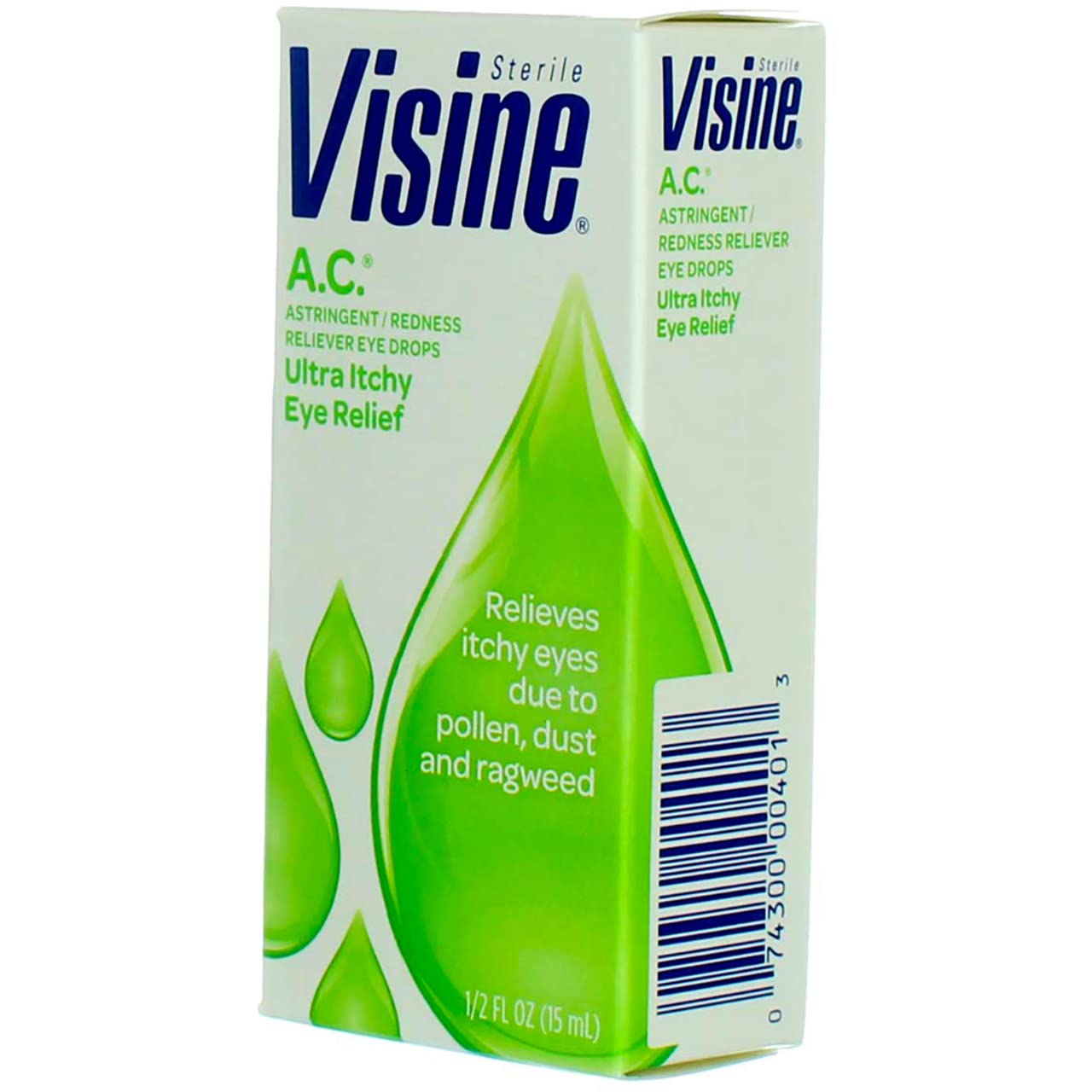 Authentic USA Visine AC redness reliever bottle showing active ingredients