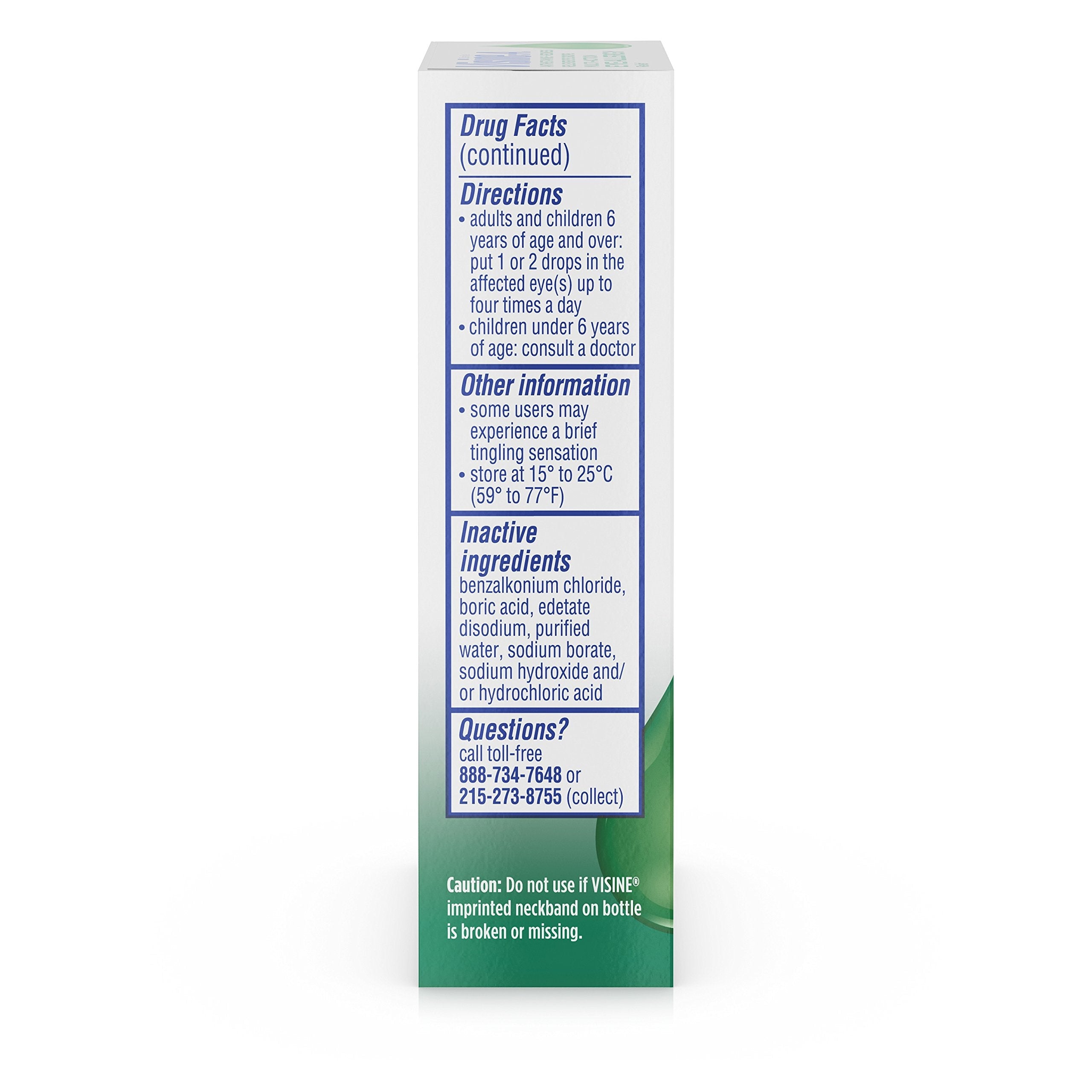 Visine-A 0.5 fluid ounce bottle displaying active ingredient details for itchy eye relief.