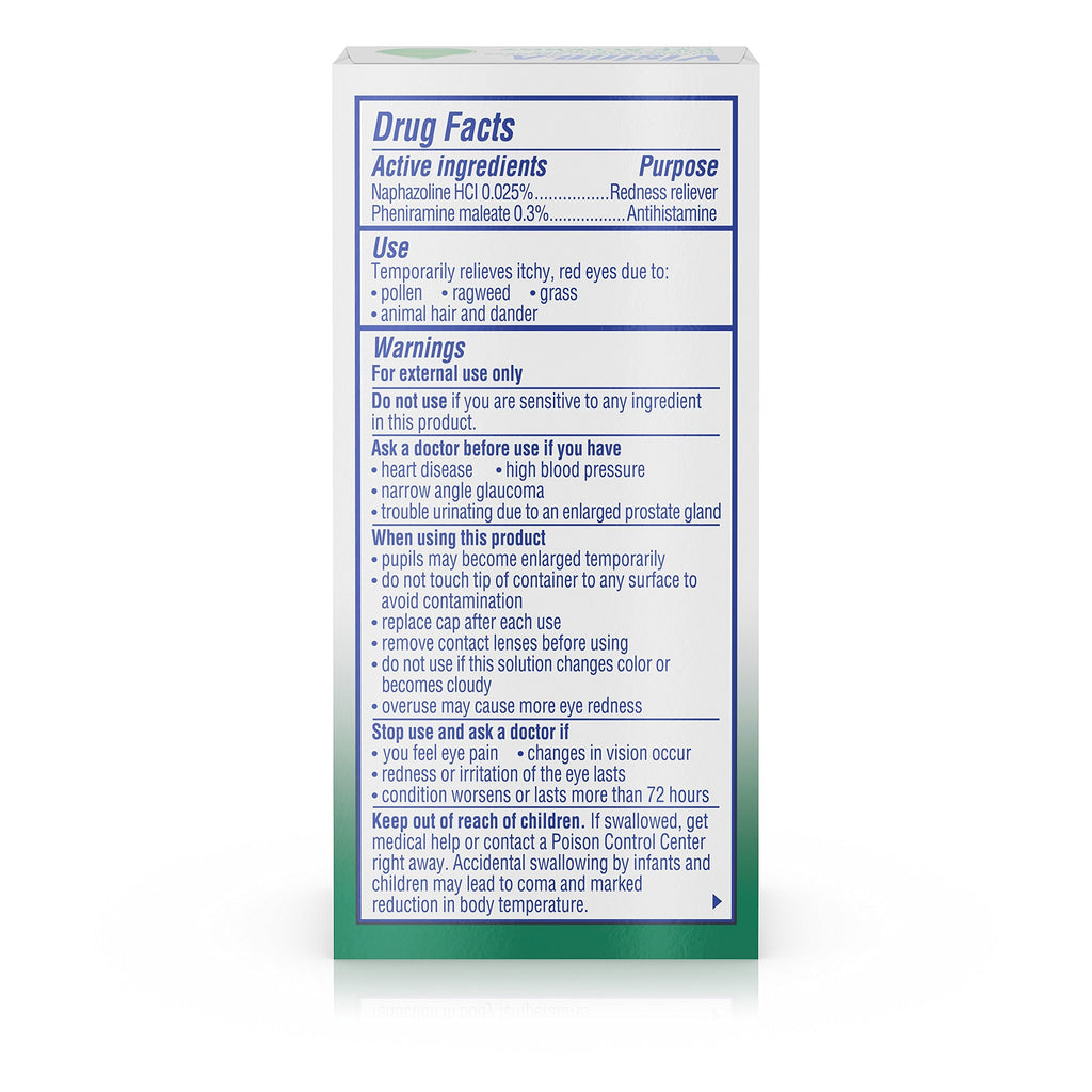 Back label of Visine-A eye allergy drops showing dosage instructions and drug facts.