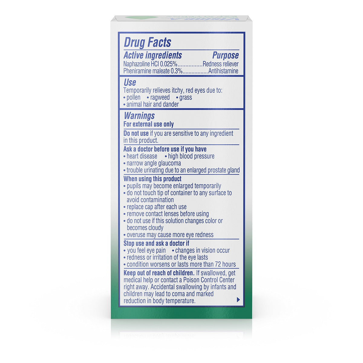 Back label of Visine-A eye allergy drops showing dosage instructions and drug facts.