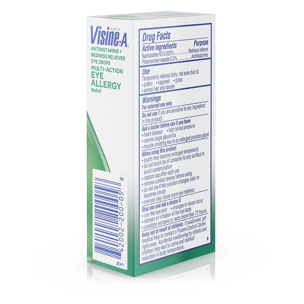 Side profile of Visine-A redness reliever bottle showing the precise dropper tip.