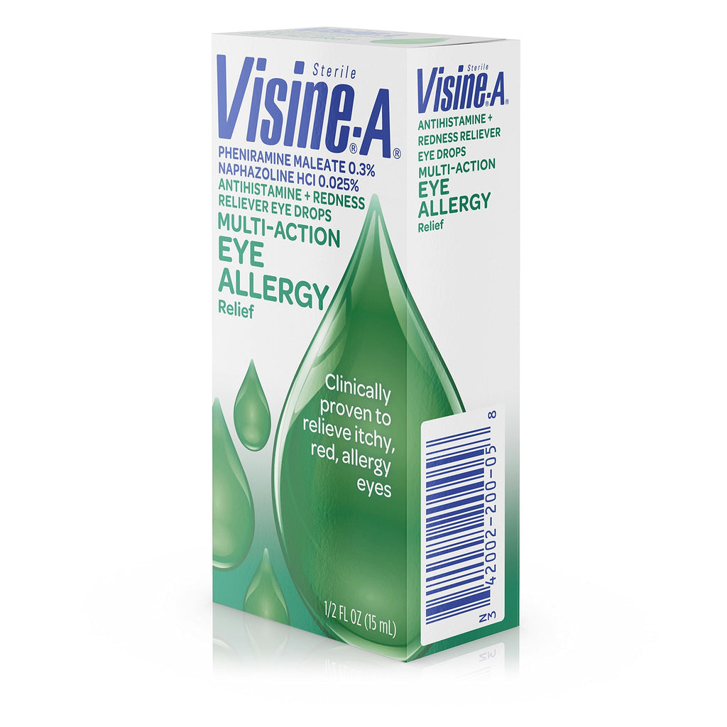 Close-up of Visine-A Multi-Action bottle highlighting the secure tamper-evident cap.