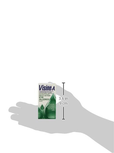 Visine-A eye drop packaging showing allergen protection symbols for pollen and pet dander.