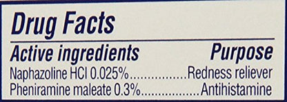 Angled top view of Visine-A Allergy Eye Relief bottle showing consumer warning guidelines.