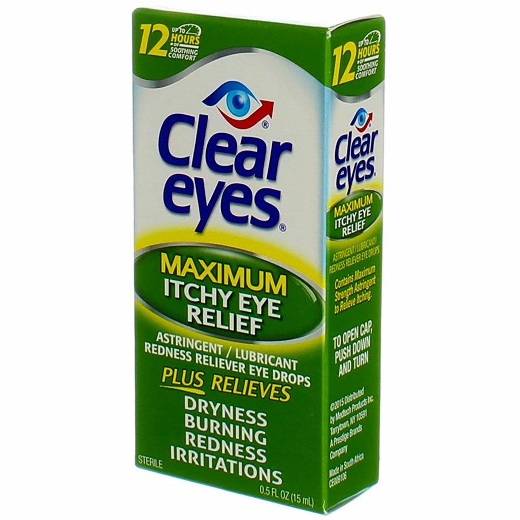 Clear Eyes redness and itch relief drops for seasonal allergy comfort.