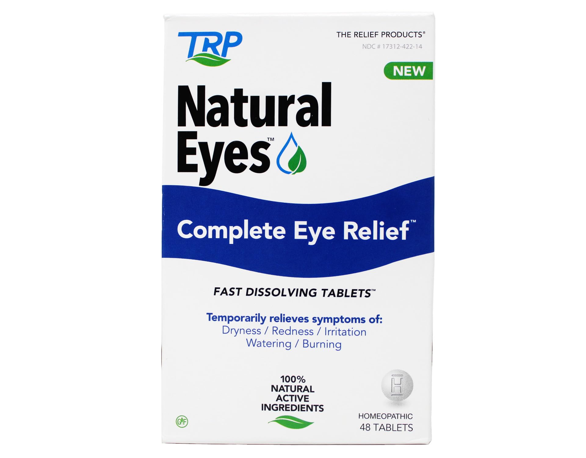 TRP Natural Eyes fast dissolving homeopathic tablets side view detailing the gluten free and 100 percent natural active ingredients.