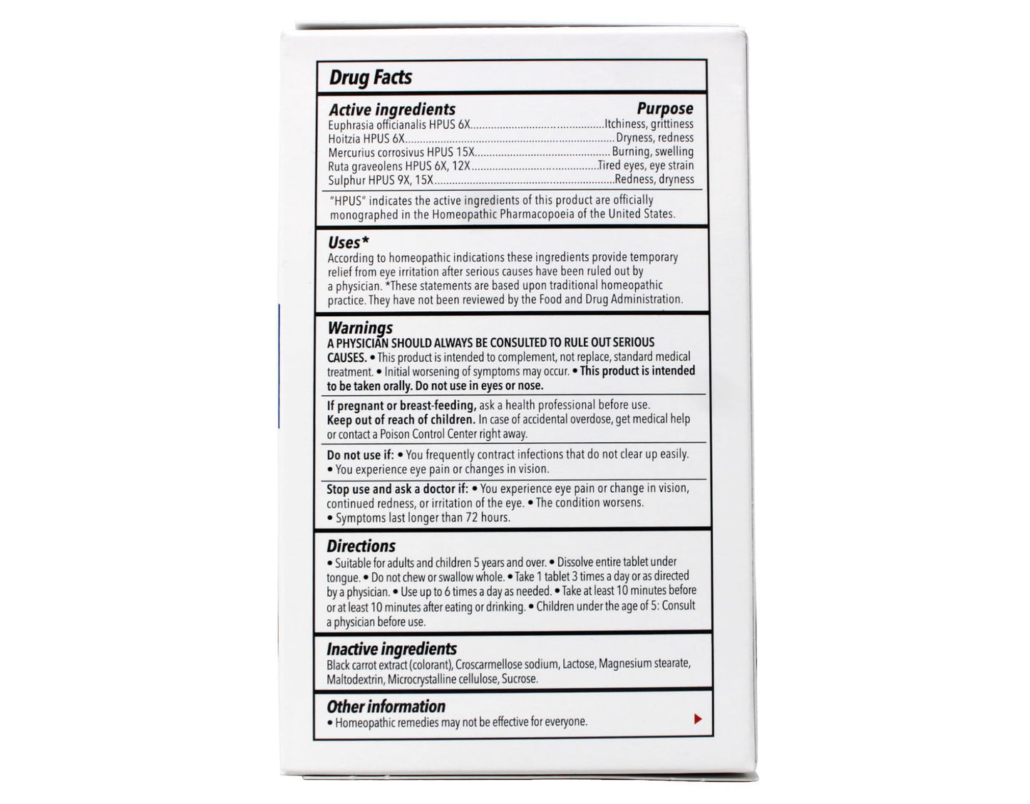 Back label of TRP Natural Eyes Complete Eye Relief Homeopathic Tablets displaying drug facts and sublingual usage instructions.