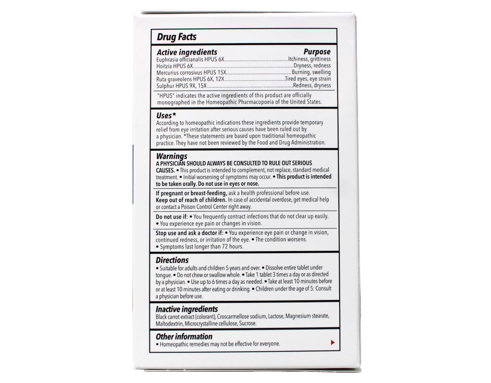 Back label of TRP Natural Eyes Complete Eye Relief Homeopathic Tablets displaying drug facts and sublingual usage instructions.
