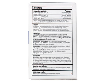 Back label of TRP Natural Eyes Complete Eye Relief Homeopathic Tablets displaying drug facts and sublingual usage instructions.